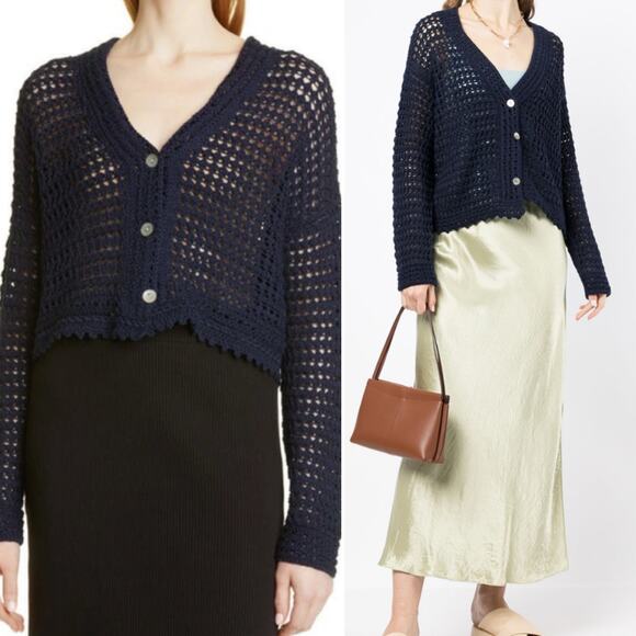 VINCE Crochet Cardigan Sweater Womens 3X Navy Blue Organic Cotton Button Front - Picture 5 of 16